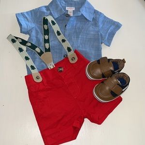 Bundle Baby Cat & Jack onesie with suspenders & shorts, boat shoes. 3-6 months